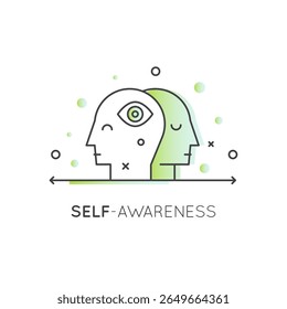 Self-awareness concept with self-reflection, self-help, emotional insight, self-regulation, mindfulness, personal growth, inner understanding, and mental clarity in outline vector icon logo