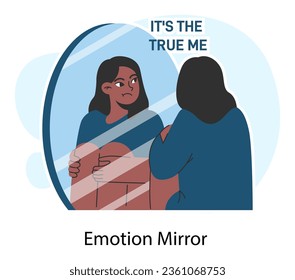 Self-awareness. Deep understanding and acceptance of own personality. Positive psychology and personal growth. Female character looking at the mirror. Flat vector illustration