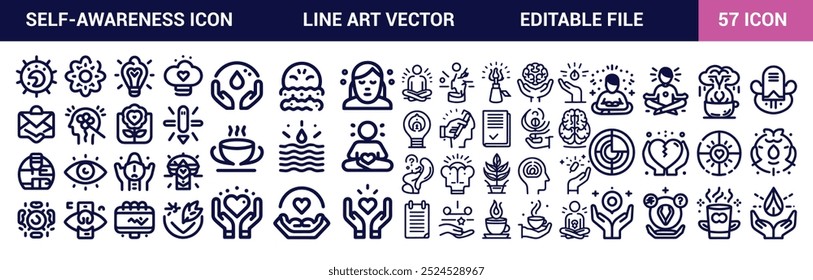 Conjunto de iconos editables: Ilustración vectorial en el estilo moderno de línea delgada de iconos relacionados con la autoestima, el cuidado personal, el amor propio y la aceptación personal. Paquete de iconos de arte lineal simple.