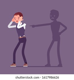 Self-blame Emotions, Guilt And Self-disgust Man. Stressful Situation Or Depression, Emotional Abuse, Shame, Worry, Unhappiness, Responsible For A Fault Or Wrong. Vector Flat Style Cartoon Illustration