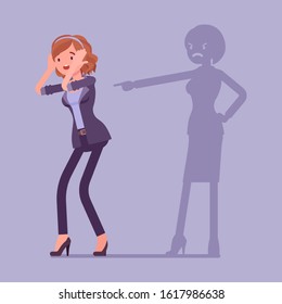 Self-blame emotions, guilt and self-disgust woman. Stressful situation or depression, emotional abuse, shame, worry, unhappiness, responsible for fault or wrong. Vector flat style cartoon illustration