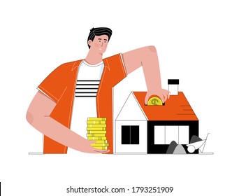Self-build house construction loan. Mortgage for building concept.  Man holding a stack of coins putting one coin into house roof building. Construction costs covered by bank. Investment in building