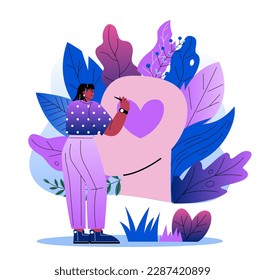 Selfcare and acceptance concept. Happy young girl draws pink heart on head. Self love, mental health and positive thinking. Self confidence and wellbeing. Cartoon flat vector illustration