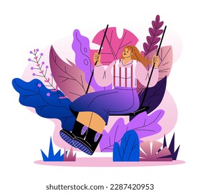 Selfcare and acceptance concept. Happy young girl swings, relaxes and feels calm. Self love, wellbeing, positive thinking and mental health. Psychology and thinking. Cartoon flat vector illustration
