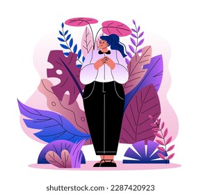 Selfcare and acceptance concept. Young girl hug herself, feel confident and in harmony. Mental and psychological health and wellbeing. Self love and positive thinking. Cartoon flat vector illustration