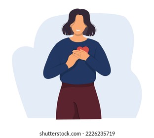 Self-care and acceptance, hope for good concept. Happy woman with love, compassion, generosity in heart. Vector illustration.