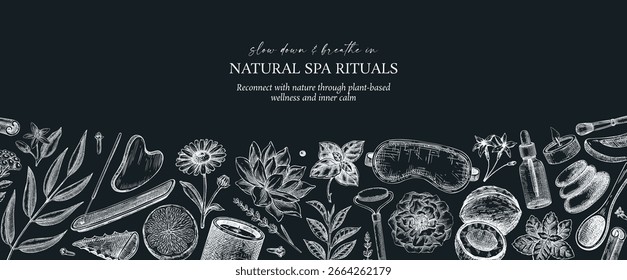 Fondo de autocuidado. Patrón de bienestar y spa sin fisuras. Ilustración vectorial dibujada a mano en la pizarra. Salón de belleza de diseño de borde vintage. No se ha generado IA