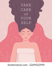 Self-care banner. Love Yourself. Woman character.