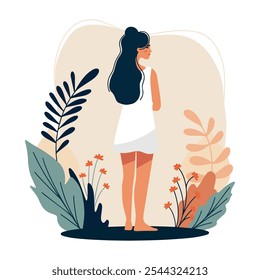 Cuidado personal e ilustración de belleza. Una Ilustración vectorial de una chica que practica el cuidado personal. Para diseños de belleza y salud, promoviendo el amor propio y conceptos de estilo de vida holísticos