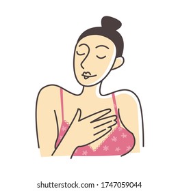 Self-care, body care, mental health. Satisfied, relaxed, happy woman put a hand on her chest. Vector stock illustration for female app, articles about feminism, women's health and beauty.