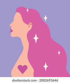 Self-care and body-positive concept. A girl with long purple hair and purple lips in profile. The silhouette of a woman with a heart on her chest. Minimalistic vector illustration on a blue background