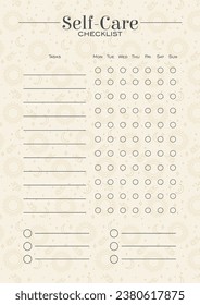 Self-care checklist minimalist planner page design. Categories of notes.