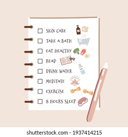 Self-care checklist and routine to do ideas. Includes relaxing, exercising, eating well, health, happiness, motivation, skin care, reading, sleeping. Vector illustration.