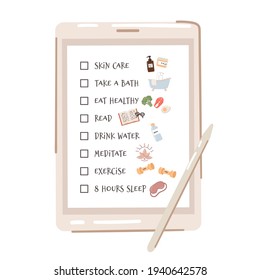 Self-care checklist and routine to do ideas on a tablet. Includes relaxing, exercising, eating well, health, happiness, motivation, skin care, reading, sleeping. Vector illustration.