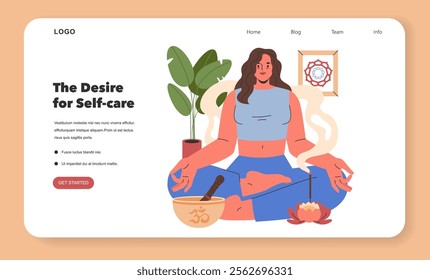 Self-care concept. Illustration of a woman meditating with plants and wellness icons, promoting mental health and relaxation. Mindful meditation practice. Vector illustration.