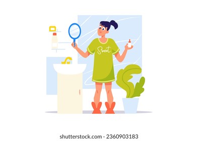 Selfcare concept with people scene in the flat cartoon style. The girl does her morning facial routine to keep herself in good shape. Vector illustration.