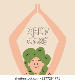 Self-care concept. A woman is engaged in yoga, physical exercise, stretches her arms up. Vector illustration in hand drawn style. Postcard, poster