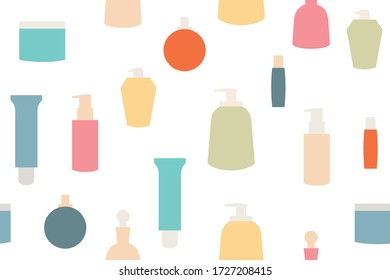 Self-care containers seamless pattern. Repetitive vector illustration of various self-care containers, bottles and jars on transparent background. EPS 10.