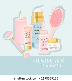 Self-care, cosmetic and beauty element background. Skincare products vector illustration.