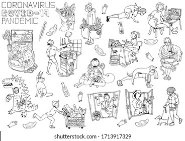 Self-Care During the Coronavirus Pandemic. Cartoon characters Stay at Home at Quarantine. Even in difficult times do not lose Optimism and Stay Positive. Coronavirus - COVID-19.