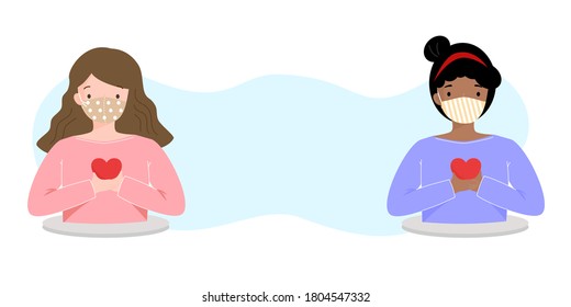 Selfcare during Coronavirus  pandemic, girls wearing cloth face covering or fabric mask to protect and help slow spread of Covid19,holding red heart in awareness. Vector illustration