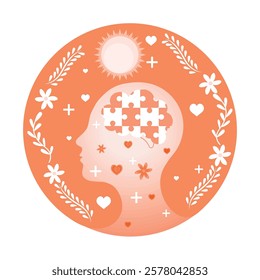 Self-care and emotional health. Silhouette with a brain shape like a puzzle surrounded by hearts and flowers. Mental Health concept. Flat vector illustration.