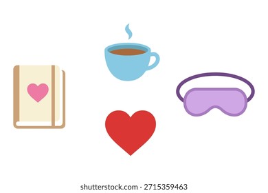 Conjunto de elementos esenciales de autocuidado. Diario con corazón, café caliente, máscara para dormir y corazón rojo. Promover la relajación, la comodidad y el bienestar.