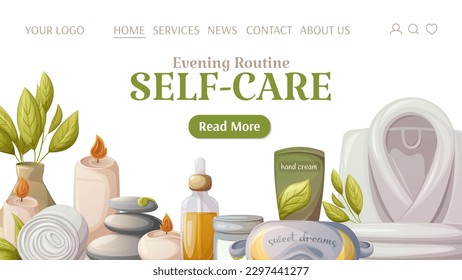 Self-care, evening routine. Template for website. Accessories for relaxation. Burning candles, towel, bathrobe, eye mask, oil serum. Health and beauty. Vector illustration. For banner, advertising.