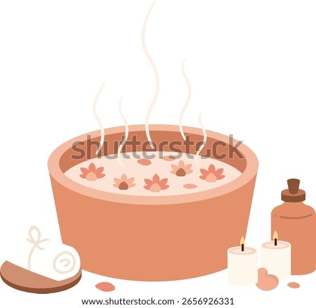 Self-Care Foot Soak Basin with Flower Petals and Steam – Spa Wellness Vector Illustration