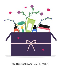 A self-care gift box filled with skincare products, a jade roller, and flowers. Decorative hearts enhance the beauty concept on a white background