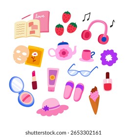 Selfcare girly sticker vector. Summer vacation elements, strawberry, headphone, scrunchie, sunglasses, floppy hat, ice cream with colorful vibes. Illustrations for journal scrapbook.