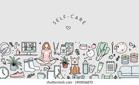 Selfcare hand drawn vector illustrations in a banner. Icon set of different ways you can practice self care. Such as drinking water, meditation, eating healthy, keeping creative, relaxing and more.