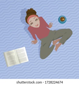 Self-care at home. A woman wears beauty sheet mask while reading a book and drinking a cup of black tea with a slice of lemon. Enjoy time away from technology. Use for themes on digital detoxing