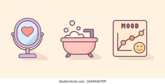 Self-care icon set with bath, mood tracker, and mirror for mental wellness, emotional healing, therapy tools, and mindfulness practices