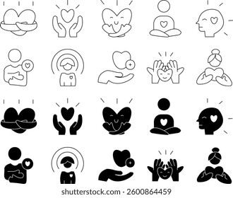 Self-care icon set featuring wellness, relaxation, spa, and mental health symbols in clean, simple line style. Ideal for apps, websites, infographics, and health-related designs.