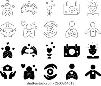 Self-care icon set featuring wellness, relaxation, spa, and mental health symbols in clean, simple line style. Ideal for apps, websites, infographics, and health-related designs.