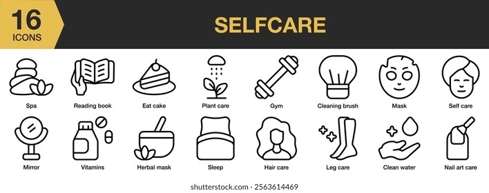 Selfcare icon set. Includes selfcare, health, care, beauty, wellness, relaxation, treatment, and More. Outline icons vector collection.