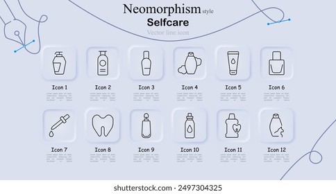 Self-care icon set in neomorphism style. Lotion bottle, shampoo, cosmetic bottle, bath soap, face cream, nail polish, dropper, tooth, serum bottle, oil bottle, liquid soap, vector line art