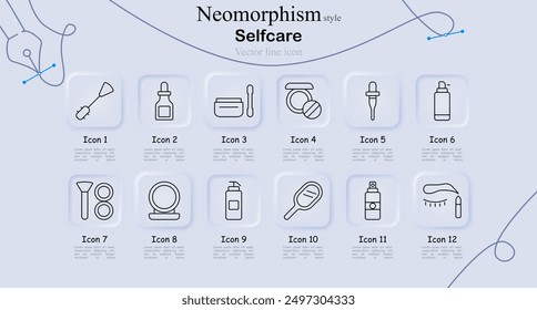 Self-care icon set in neomorphism style. Makeup brush, dropper bottle, cosmetic jar, face powder, mirror, lotion, skincare, beauty products, grooming, vector line art, symbols