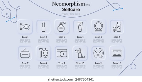 Self-care icon set in neomorphism style. Eyelash curler, lipstick, perfume bottle, face cream, mirror, cosmetics, skincare, beauty products, grooming, vector line art, symbols