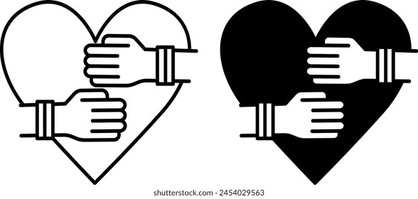 Self-Care Icons. Black and White Vector Icons. Human Hands Hug Heart. Love yourself. Healthy lifestyle. Wellness Concept