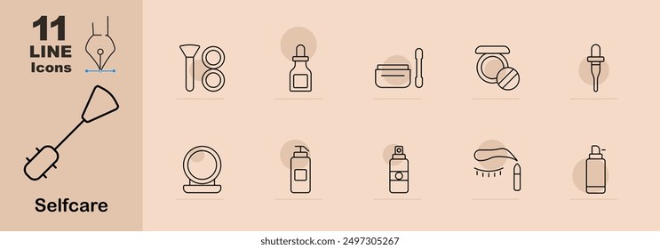 Self-care icons set. Face roller, makeup brush, face cream, dropper bottle, lotion, skincare cream, eye mask, face serum, spray bottle, lip balm, cream jar. Linear beauty product illustrations