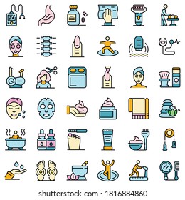 Self-care icons set. Outline set of self-care vector icons thin line color flat on white