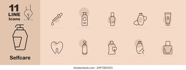 Self-care icons set. Soap dispenser, dropper, shampoo, lotion, dental care, face cream, water bottle, toothpaste, nail polish. Linear personal hygiene illustrations