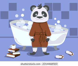 Self-care illustration with panda dressed in a bathrobe staying in bathroom with foam and bubbles