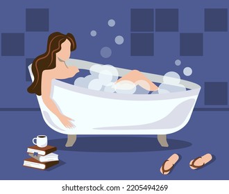 Self-care illustration with young woman relaxing in her bathroom with foam and bubbles