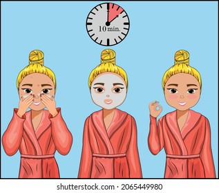 Self-care instructions. Apply the acne remedy, wait 10 minutes and rinse. Girl model in a pink robe does facial skin care. Blue Background Stock Vector Illustration