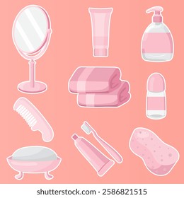 Self-care items set icon. Bathroom essentials including a mirror, towels, soap, comb, toothbrush, toothpaste, deodorant, and liquid soap on a peach-colored background