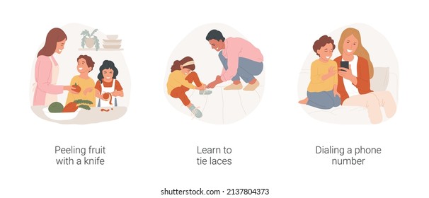 Self-care Kindergarten Exercise Isolated Cartoon Vector Illustration Set. Peeling Fruit With A Knife, Learn To Tie Laces, Dialing A Phone Number, Getting Dressed, Early Education Vector Cartoon.