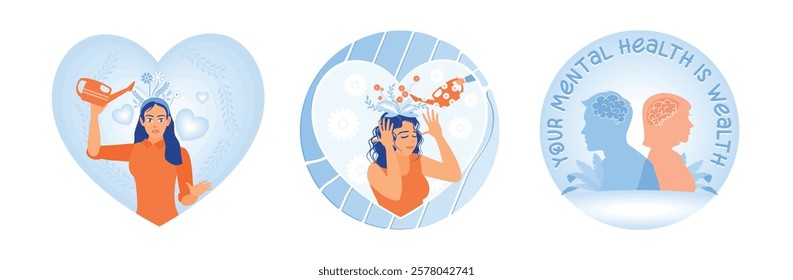 Self-care, mindfulness, and inner harmony. Mental health care. The importance of maintaining mental health. Mental Health concept. Set flat vector illustration.